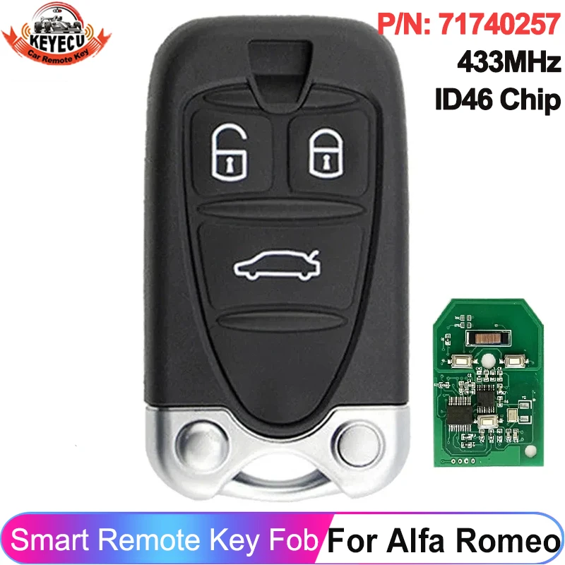 

KEYECU 433MHz ID46 Chip For Alfa Romeo 159 Brera Spider 2005 2006 2007 2008 - 2011 Auto Smart Remote 3 Button Key Fob 71740257