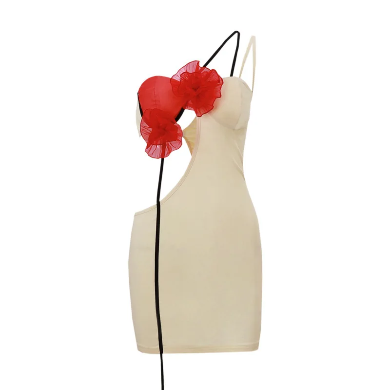 Elegante minivestido sexy sin espalda con flores rojas para mujer, vestido ajustado sin tirantes y espalda descubierta para fiesta y club, nuevo