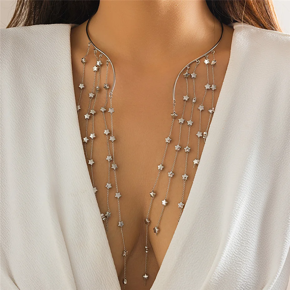 Sexy Goth Long Tassel Star Crystal Sequin Pendant Open Torques Choker Necklace for Women Vintage Chest Chain Wed Accessories New