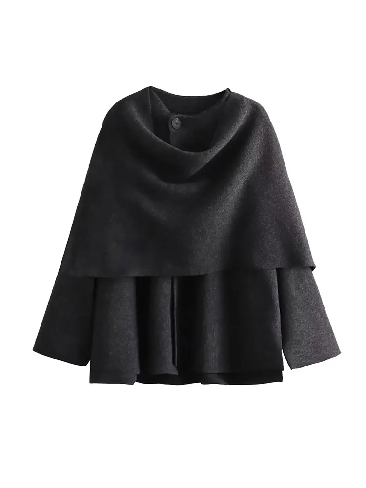 TRAF 2023 Winter Female Scarf Coat Long Sleeve Knitted Asymmetric Jackets For Women Streetwear Causal Women Coats 4