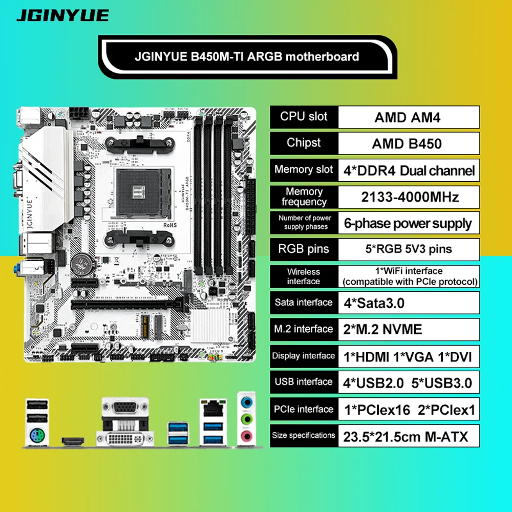 JGINYUE AM4 B450 Motherboard supports Ryzen R3 R5 R7 1/2/3/4/5th