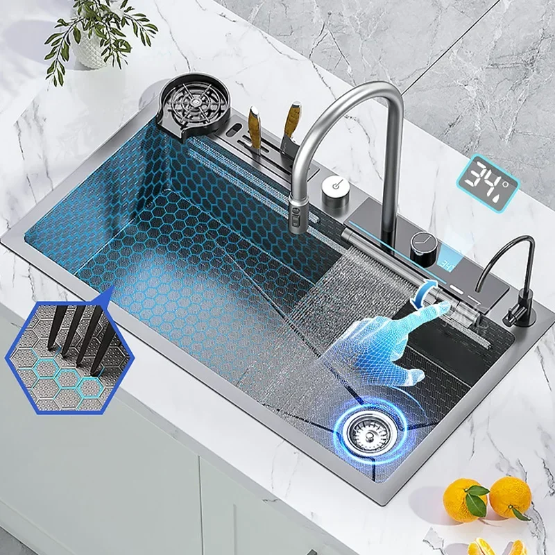 

Kitchen Sink 304 Stainless Steel Digital Display Embossed Waterfall sink Large Single Slot Multifunction Washing Basin