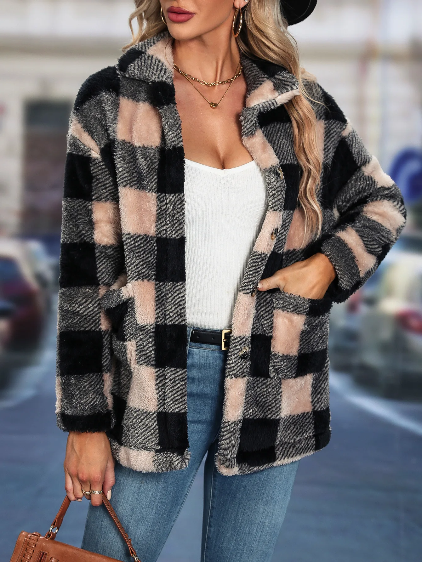 Autumn/winter women's square plaid lapel flannel coat Woman clothing