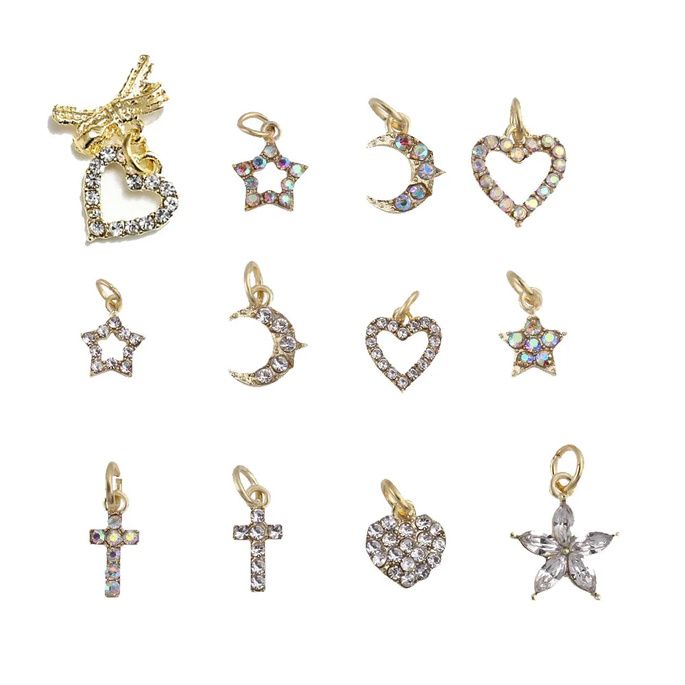 10Pcs 클리어 AB 할로우 매달려 황금 네일 매력 다이아몬드 진주 디자이너 네일 아트 후프 펜던트 장식품 8 피어싱 쥬얼리 