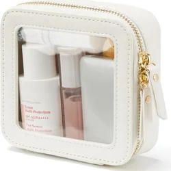 Compact Clear Makeup Bag with PU Saffiano Vegan Leather and Visible Window for Lipsticks and Cosmetics (White)