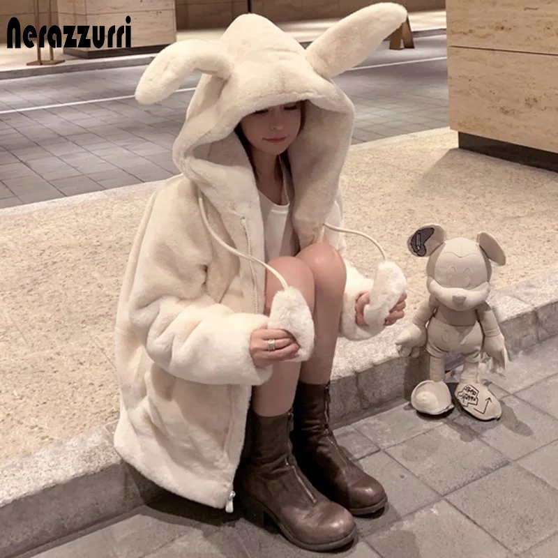 

Nerazzurri Spring fluffy jacket with rabbit ears raglan sleeve zipper Oversize light soft harajuku kawaii faux fur hoodie