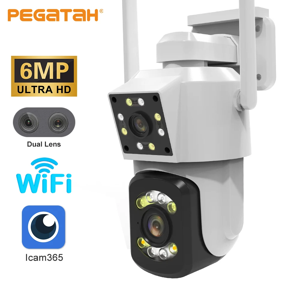 Pegatah 6Mp Ip Camera Wifi Dual Lens Dual Screen Ptz Cam Outdoor Impermeabile Full Color Infrarossi Night Vision Telecamera Di Sorveglianza