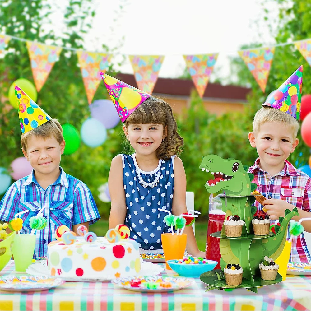 GOSIA Alzata per cupcake a 3 livelli, 2 pezzi, a tema dinosauro, decorazioni per feste, supporto per cupcake come illustrato, torre da dessert per bambini