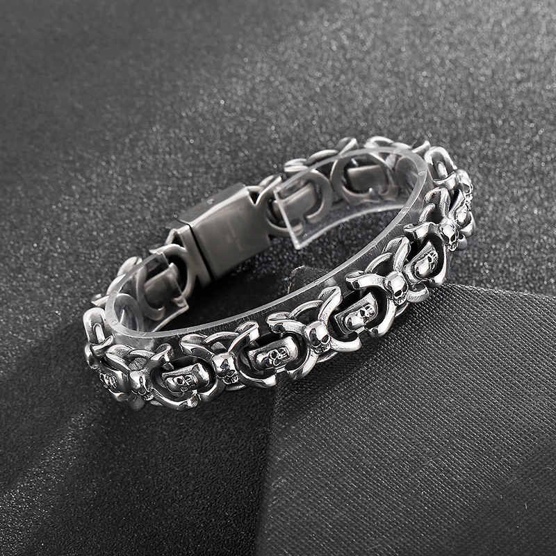 Fongten 22.5cm Skeleton Bracelet for Men Stainless Steel Skull Chain Charm Men Wrist Shiny Bracelets Bangle Silver Color Jewelry