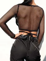 Sexy nouveau maille Goth à manches longues t-shirt femmes creux transparent résille hauts été chemise décontractée Streetwear vêtements pour femmes 6