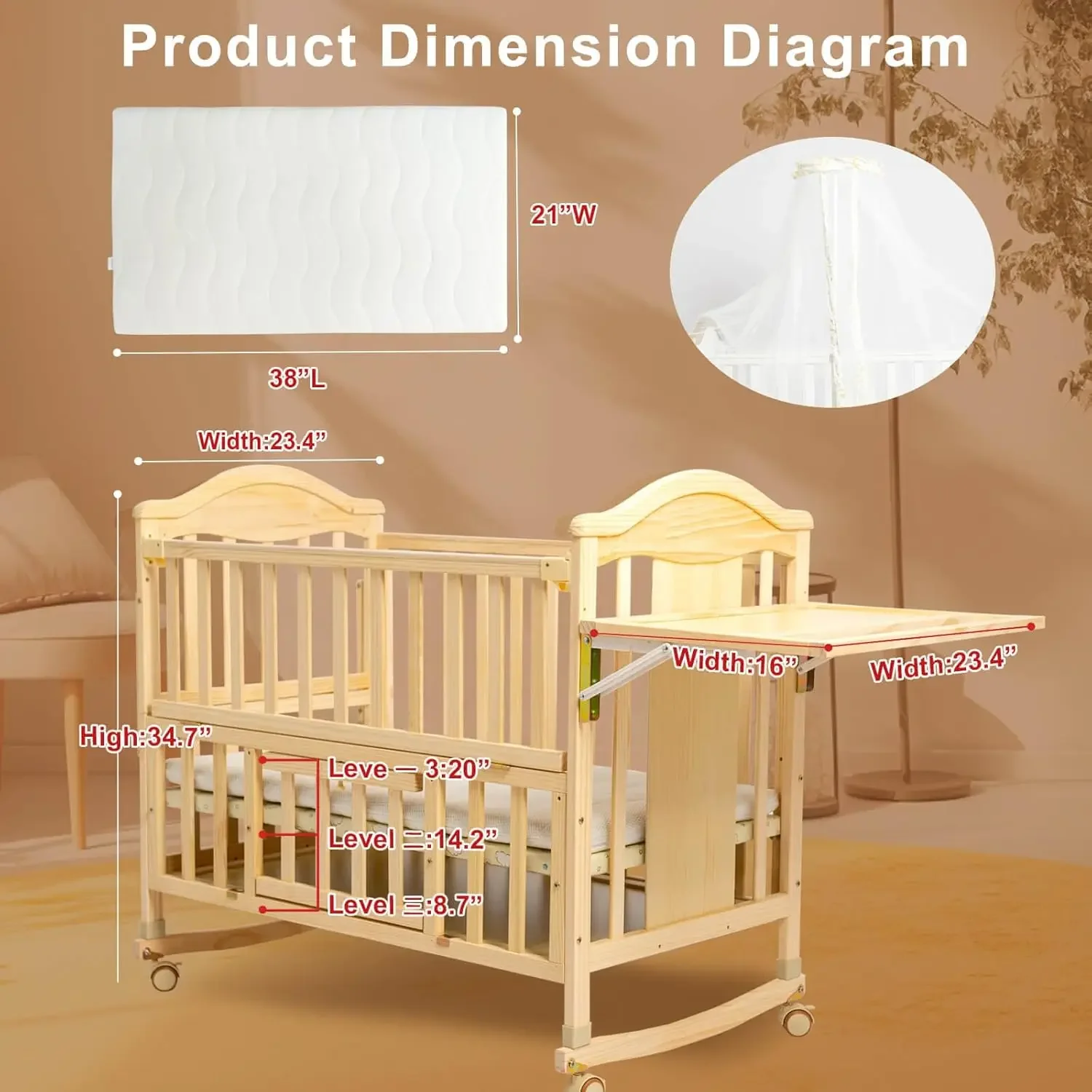 Mini Baby Cribs 4-in-1 Convertible - Cunas para Bebes with Changing Shelf and Mattress Included,2024 Wood Baby Bassinets Bedside 3