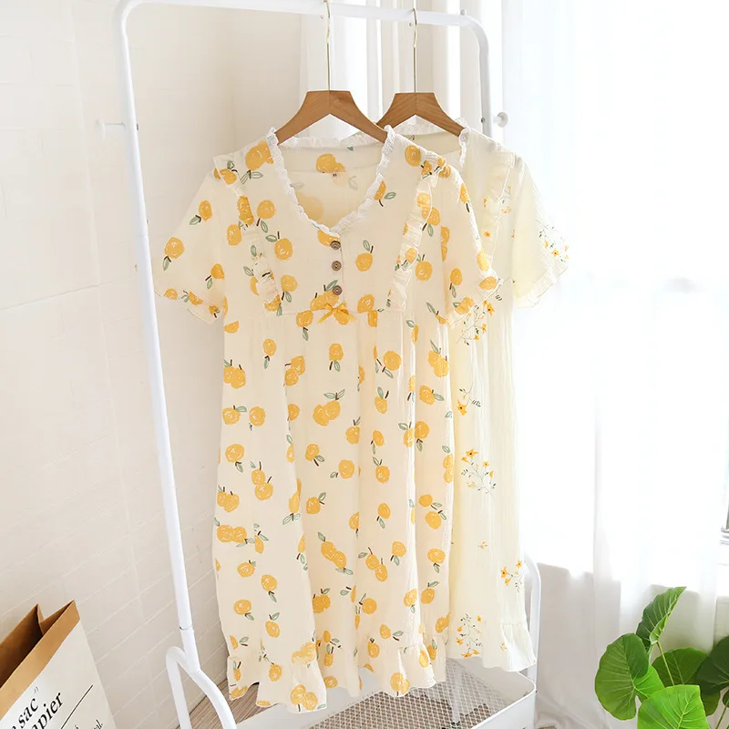 

Summer Washed Cotton Gauze Crepe Nightdress Short Sleeve Thin Women Sweet Lovely Home Clothes Middle Skirt Floral Loose Pajamas