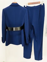 HIGH STREET Newest 2026 S/S Runway Designer Suit Set Women's Leather Collar Belted Blazer Pencil Pants Set 2pcs - Image 3
