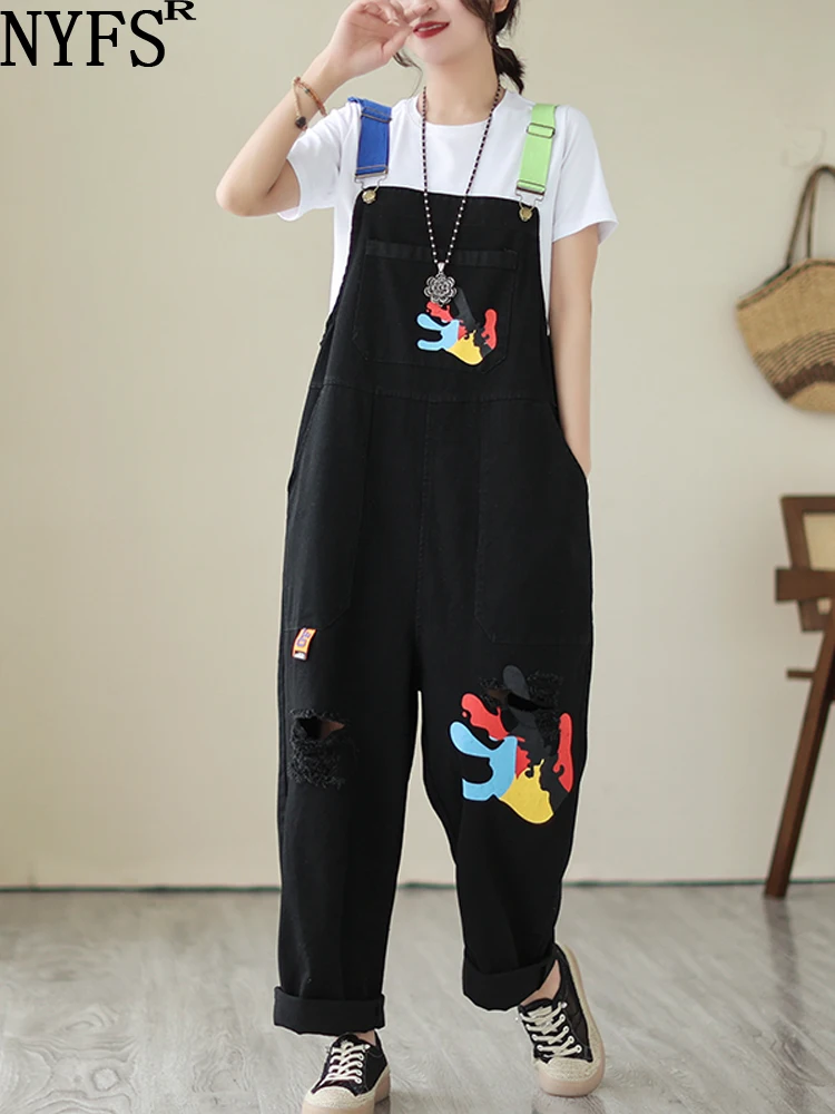 

NYFS 2023 Spring Summer New High Waist Women Suspenders Jumpsuit Trousers Female Loose Plus Size Print HOLE Denim Overalls