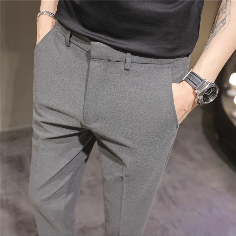 2025 Summer Thin Navy Blue Micro Elastic Ankle-Length Pants for Men, Khaki Small Footed Men's Casual Cropped Trousers,Asian Size 6