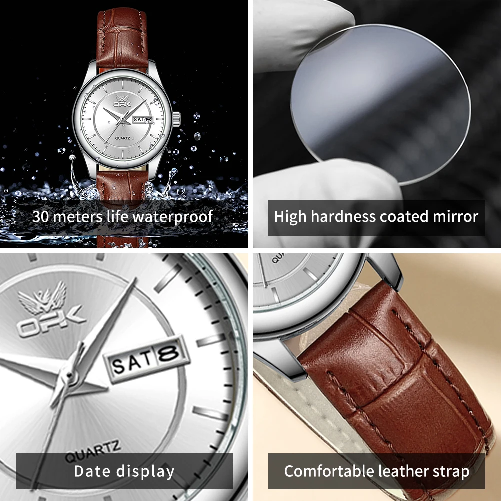 OPK 6022 Women's Watches Elegant Fashion Small Quartz Wristwatch for Ladies Waterproof  Leather Strap Dual Calendar Display 5