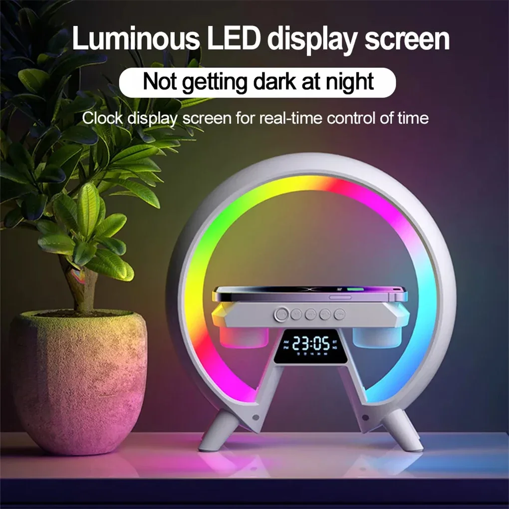 Multifunction Wireless Charging Bluetooth Speaker Support Night Light Atmosphere Lamp FM TF AUX Time Alarm Clock Mic Speakers