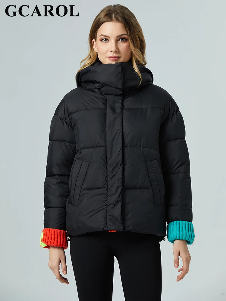 

GCAROL New Winter Women Cotton-Padded Jacket Contrast Color Letter Knit Cuffs Spliced Bread Puffy Quilted Warm Hooded Coat