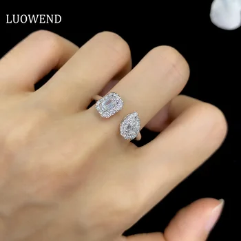 LUOWEND 18K White Gold Rings Fashion Geometric Design Real Natural Diamond Engagement Open Ring for Women High Party Jewelry