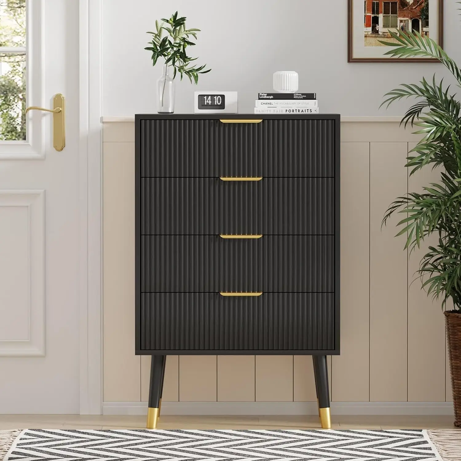 Kommode mit 4 Schubladen für Schlafzimmer, Kommode mit goldenen Griffen, hohe Kommode, kleiner Aufbewahrungsschrank aus Holz für Wohnzimmer – Detail 13