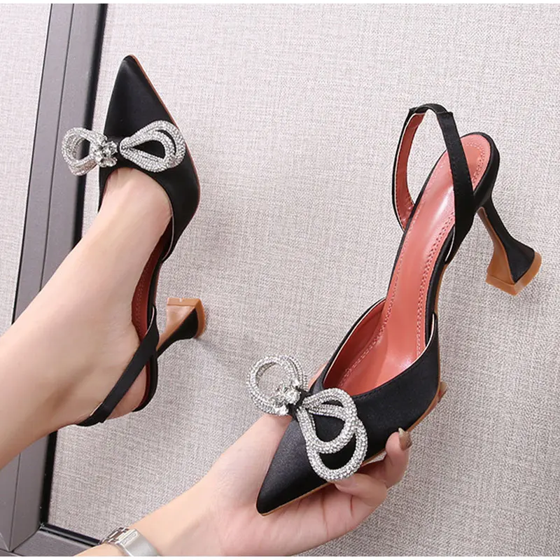 New Women Sandals Pointed Toe Butterfly Knot Crystal  Female Pumps Flock Thin High Heels Sexy Plus Size Ladies Fashion Shoes