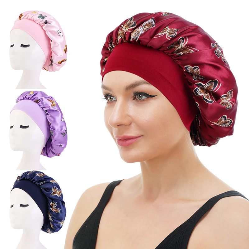 

New Satin Bonnet For Sleeping Shower Cap Wide Brim Night Wrap Adjust Head Cover Hat For Curly Springy Hair Styling Accessories