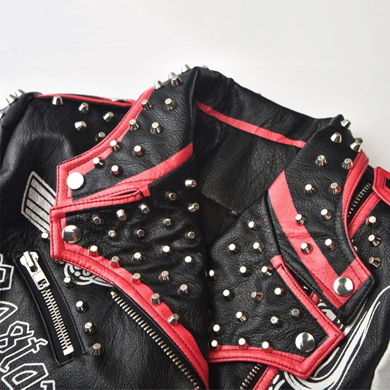 Rivets Motorcycle Leather Jacket Women 2024 Trend Rock Punk Style Streetwear Graffiti Print Faux Leather Cropped Jacket