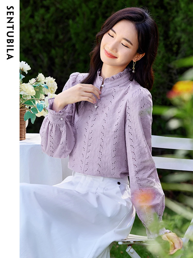 

Sentubila 100 Cotton Puff Sleeve Blouses Women Elegant Embroidered Shirt Woman Spring New Temperament Stand Collar Top 133C51235