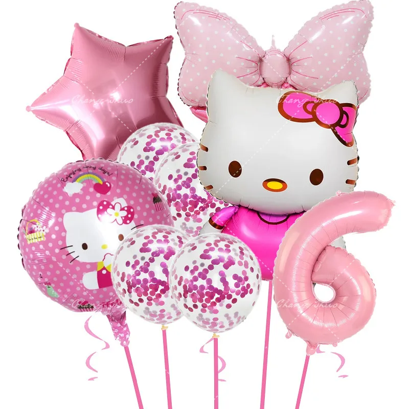 thumbnail image 1 of Juego de 9 globos de Hello Kitty de Sanrio con dibujos de gatos, globos de aluminio con números de 32 pulgadas para decoración de fiestas de cumpleaños de niñas, suministros para baby shower, 1 of 5