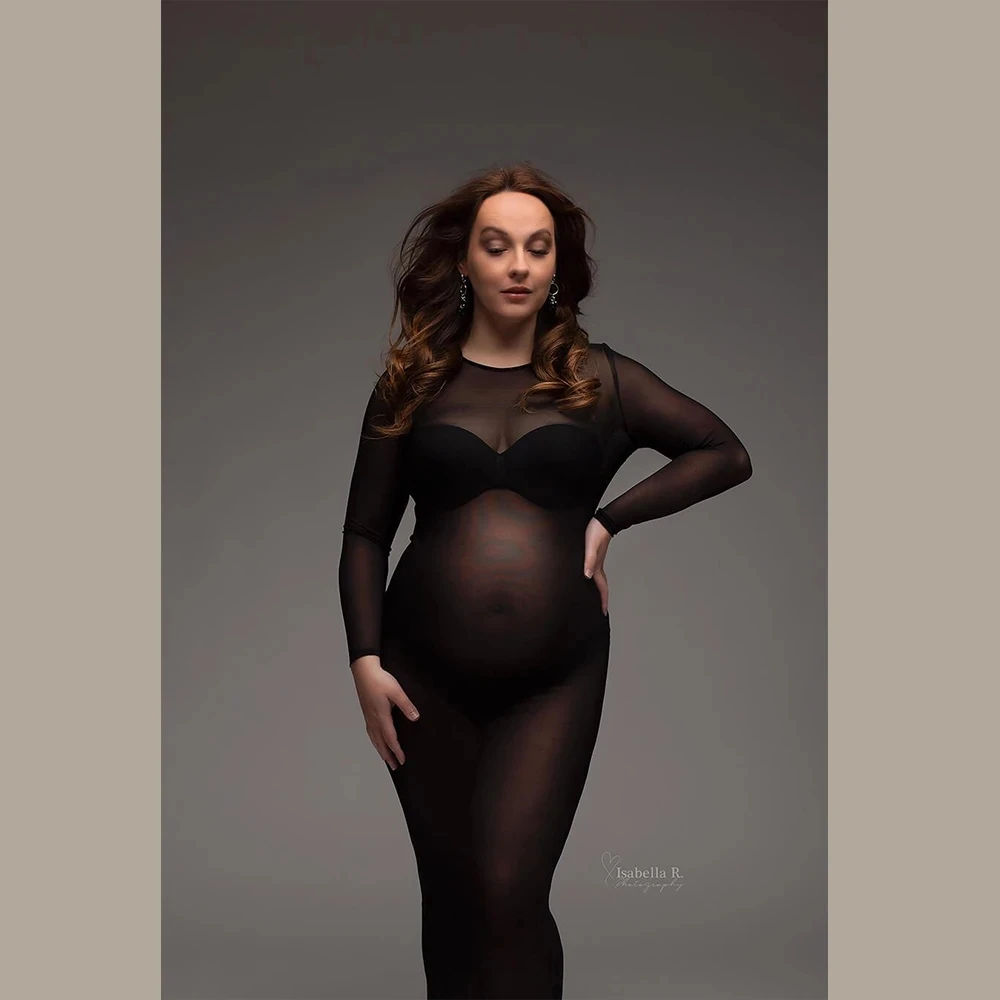 Tulle Bodysuit Pregnancy Dress Mesh Fabric Long Sleeve Stretch Women Maternity Outfit Slim Fit Style Skirt for Photo Shoot