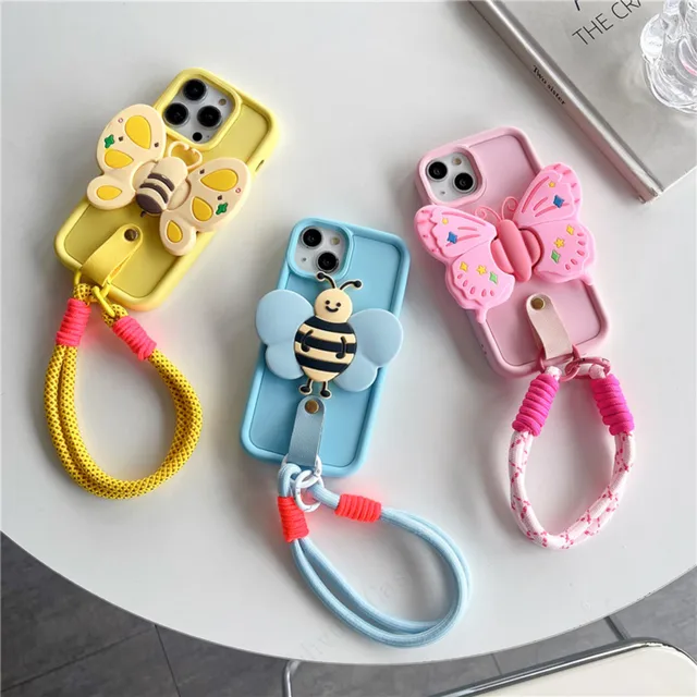 3D Cute Bee Butterfly Anti-lost Lanyard Chain Strap Holder iPhone Case