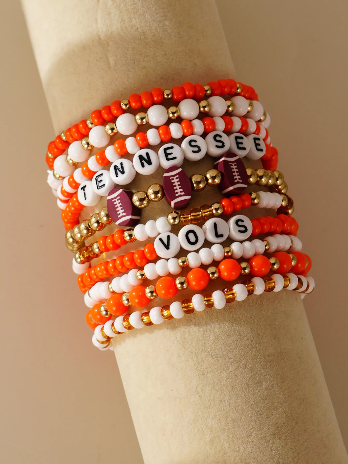 Bohemian Orange Bead Rugby Design Stacked Bracelet Set