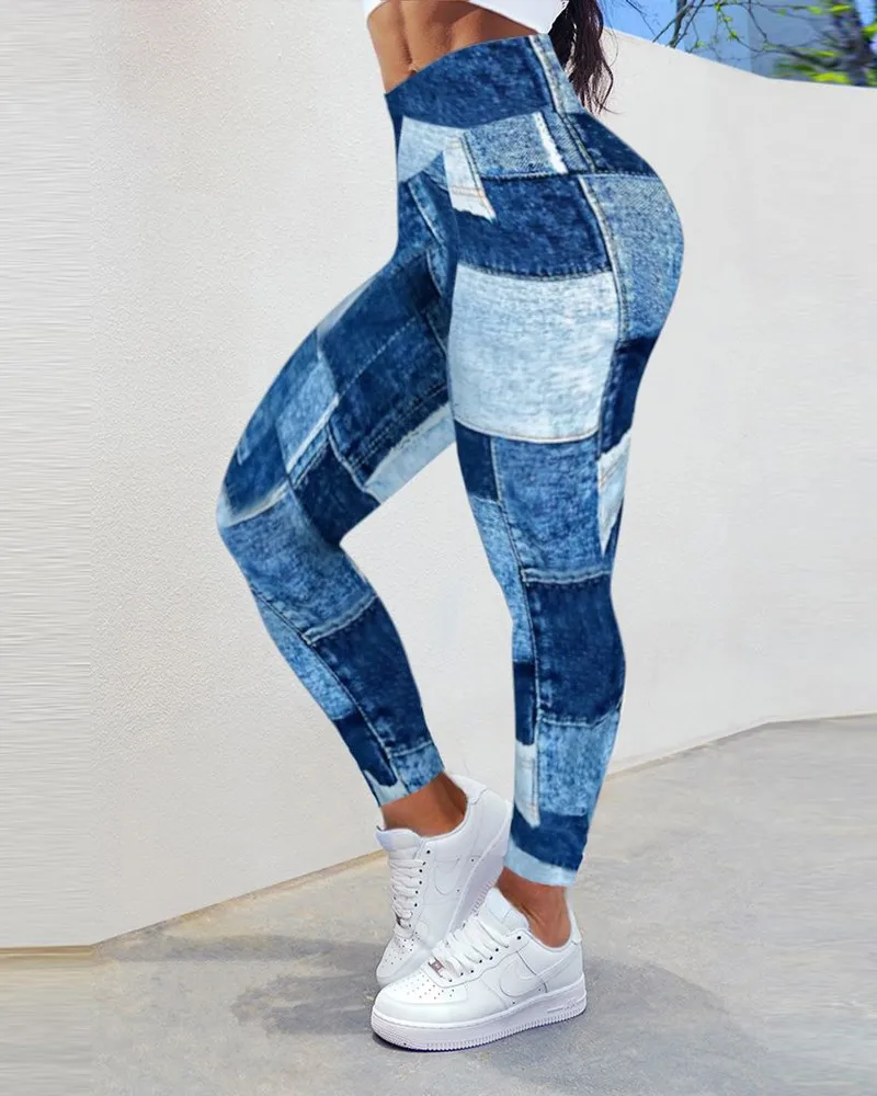 

High-waisted and Fitness Bottoms for Women Color Blocking Imitation Denim Hip Shaping Pants Tight Pant New Fashion 2023