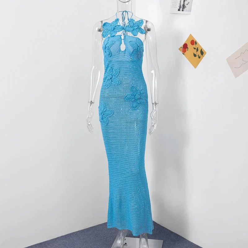 Sexy Knitted 3d Flower Halter Long Dress Women Crochet Hollow Out Sleeveless Blue Maxi Dresses New Lady Beach Vacation Robe