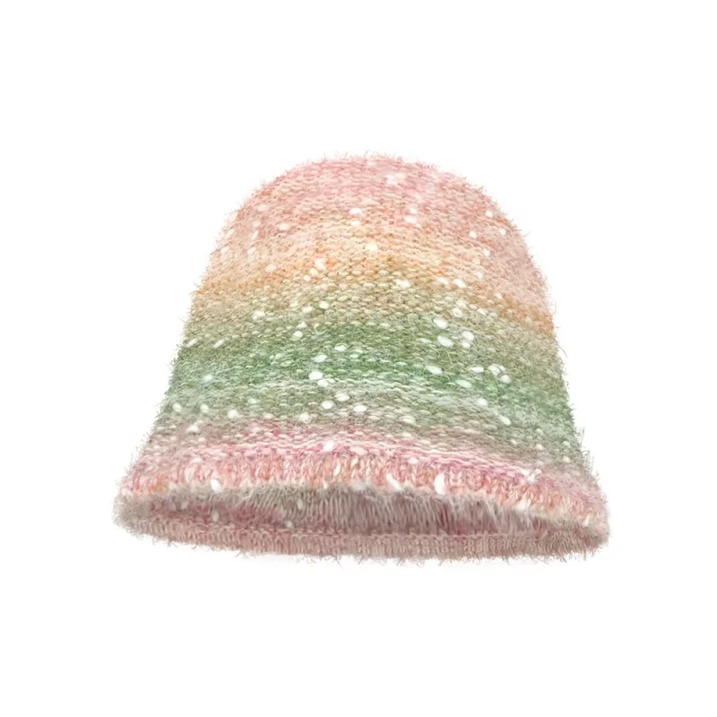 2024 New Japanese Gradient Knitted Plush Woolen Cap Female Sweet All-Matching Plain Face Small Bucket