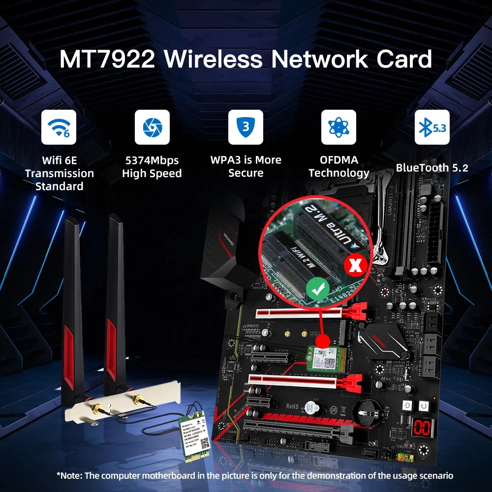 Placa de Rede sem Fio com Antena Grupo Wifi6e Mt7922 Bluetooth 5.2 2.4g 5g 6ghz M.2 Ngff 5374m pc Laptop Win10 11 - Imagem 2