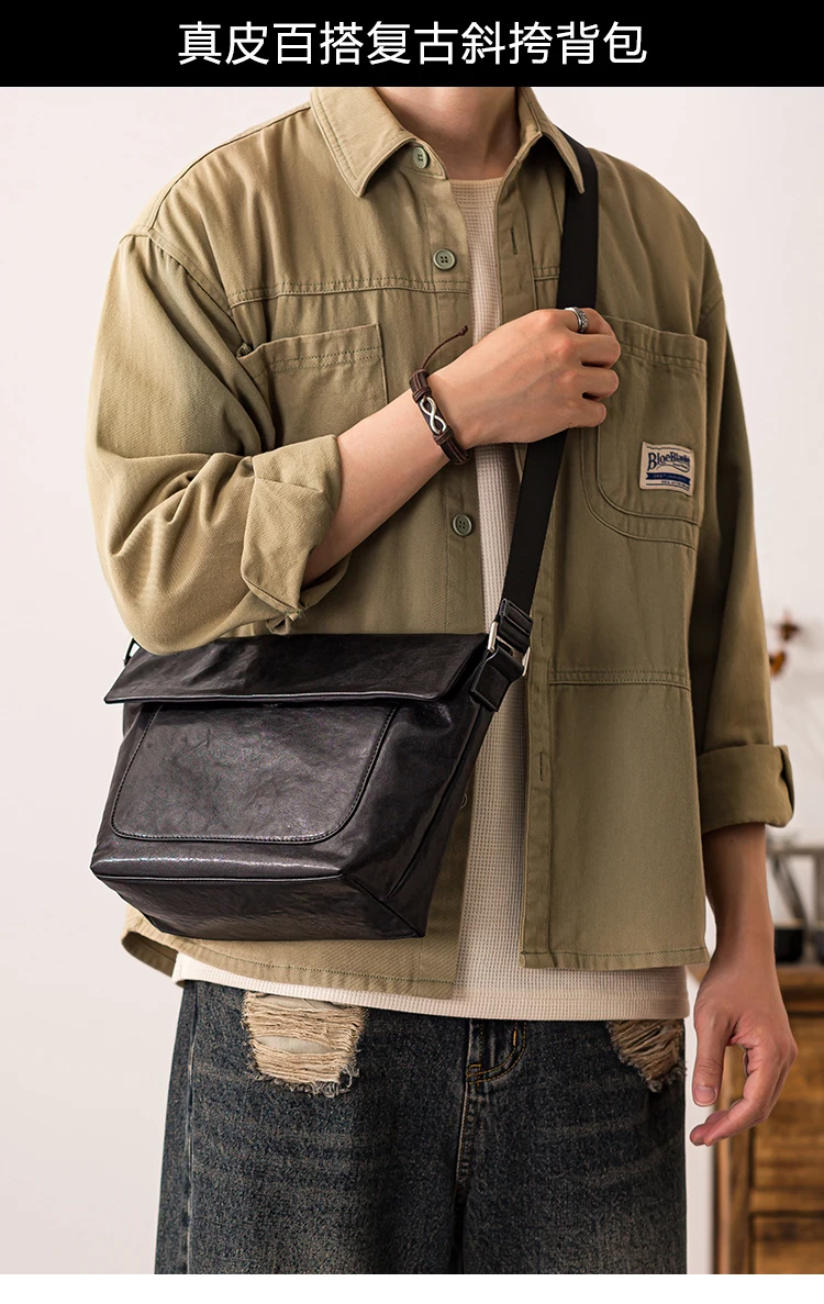 PNDME Casual minimalistische Designer handgemachte echtes Leder Herren Umhängetasche Outdoor Pendler erste Schicht Rindsleder Umhängetasche – Detail 1