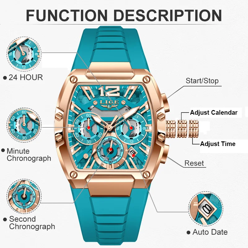 LIGE Sports Chronograph Wrist Watch For Men Square Silicone Waterproof Luminous Men Watch Calendar Quartz Watch Clock Male Gift