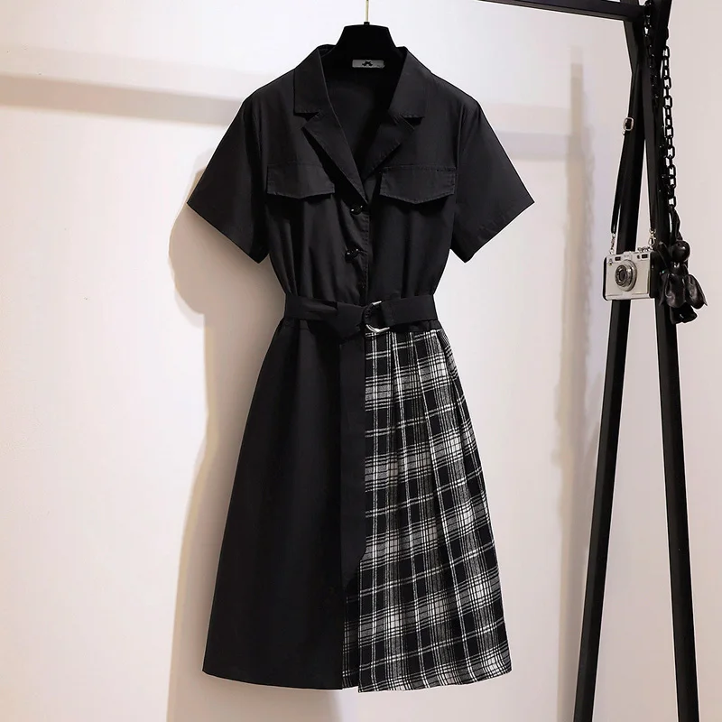 

Large Size Women's Summer Notched Sstitching Waist Dress Bust 150cm 5XL 6XL 7XL 8XL 9XL Plaid Asymmetric Dress Black 150Kg