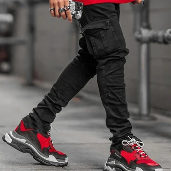 Street Elastic Jeans Men Denim Cargo Pants Wash Solid Color Multi Pockets Casual Mid Waist Trousers Slim Fit Daily Wear Joggers 4