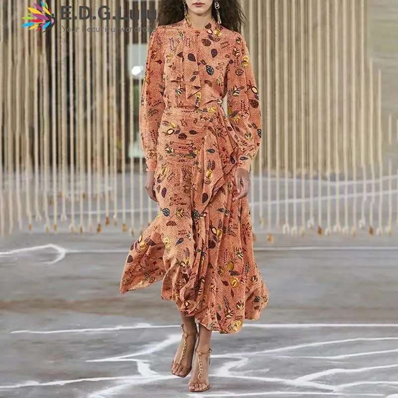 

EDGLuLu New Woman Fashion Orange Floral Print Long Dress Stand Collar Lace-Up Long Sleeve Asymmetric Long Dresses 2023 1113