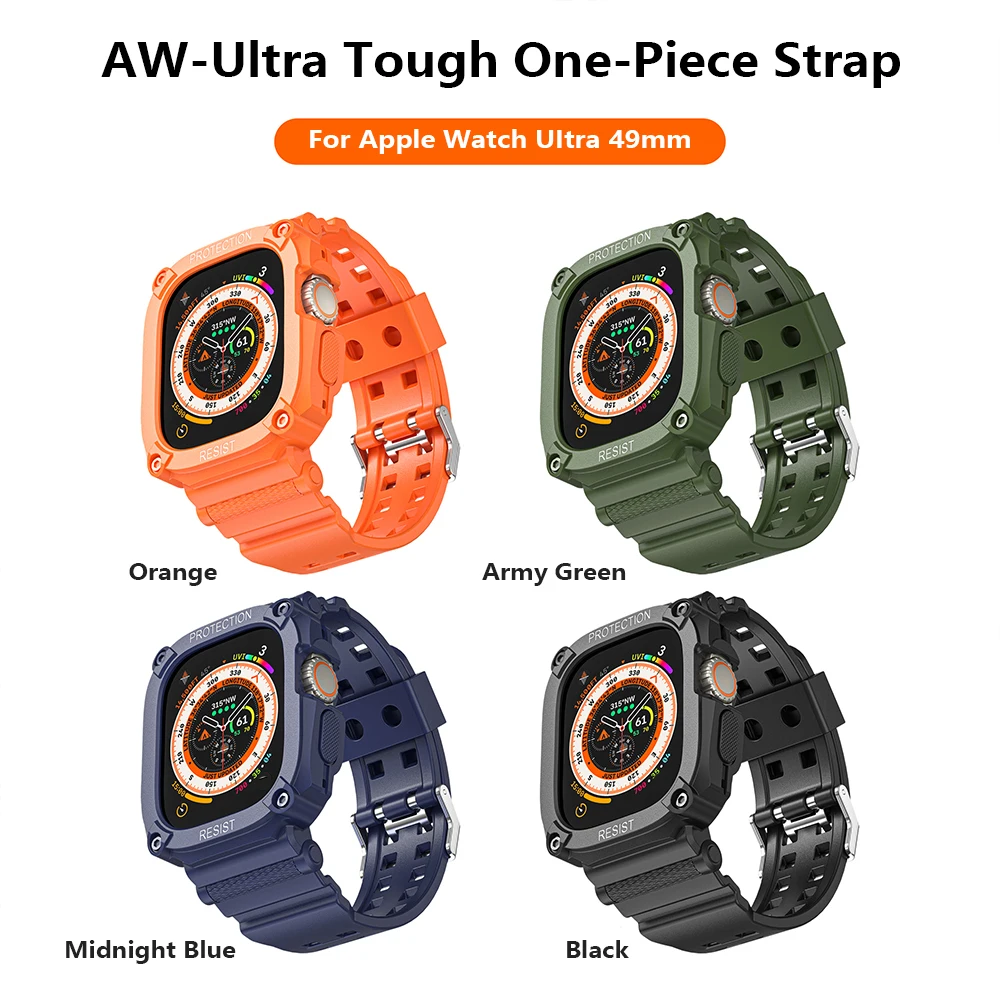 For Apple Watch Ultra /Utlra 2 49mm One-Piece TPU Sport Band Strap + Rugged  Case