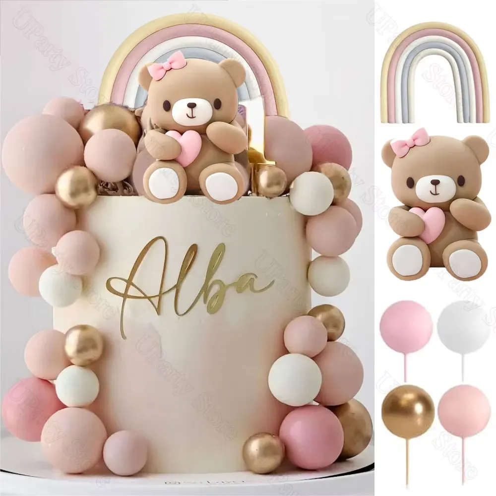 Pink Bear & Rainbow Cake Toppers Set - Baby Shower & Birthday Decorations