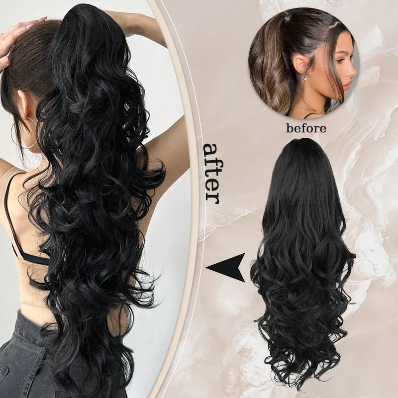 24inch Wavy Ponytail Hair Extensions Wig Long Wavy Curly Claw Clip Ponytail Hairpiece for Women Daily&Party Use Hair Accessories