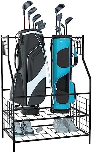 

Golf Bag Storage Rack, Golf Bag Stand, Golf Equipment Organizer with Movable Hanging Hooks for Garage, Club, Basement.