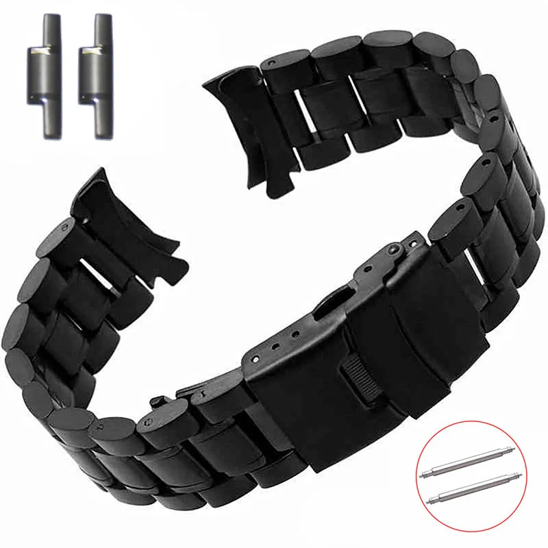 Elegant Silver and Black Stainless Steel Watch Strap - Premium Replacement Metal Bracelet with Straight & Curved Ends
