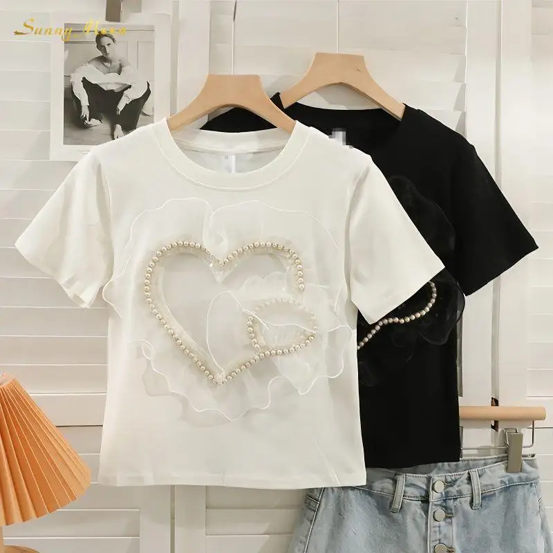 

Fashion Baby girl infant toddler teensshort sleeve pure cotton fancy crewneck love net yarn short sleeve T-shirt 3-14Y