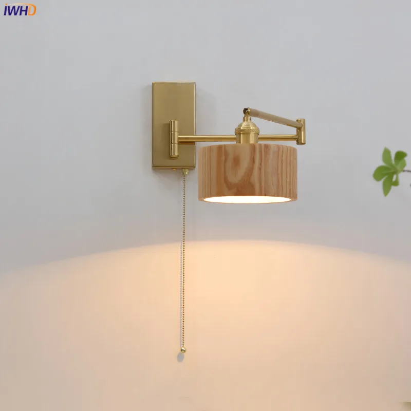 IWHD Left Right Rotate LED Wall Lamp Sconce Pull Chain Switch Bedroom Bathroom Mirror Stair Light Wooden Lampshade Wandlamp