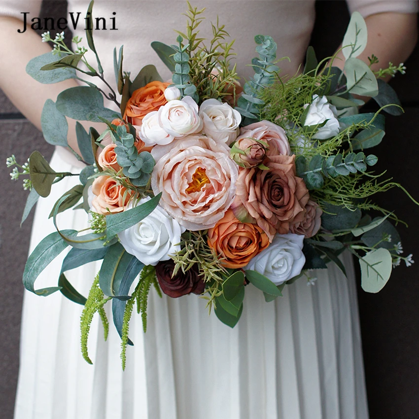 

JaneVini Vintage Coffee Roses Wedding Bouquets Artificial Silk Champagne Flowers Outdoor Bridal Fake Bouquet Accesorios De Novia