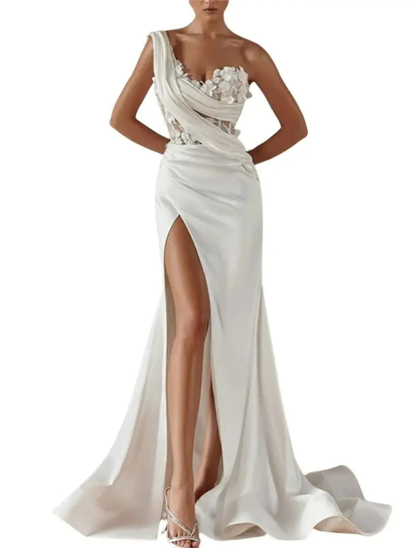 Wedding Dress Satin One Shoulder 3D Flowers High Side Slit Corset Bridal Gown Plus Size